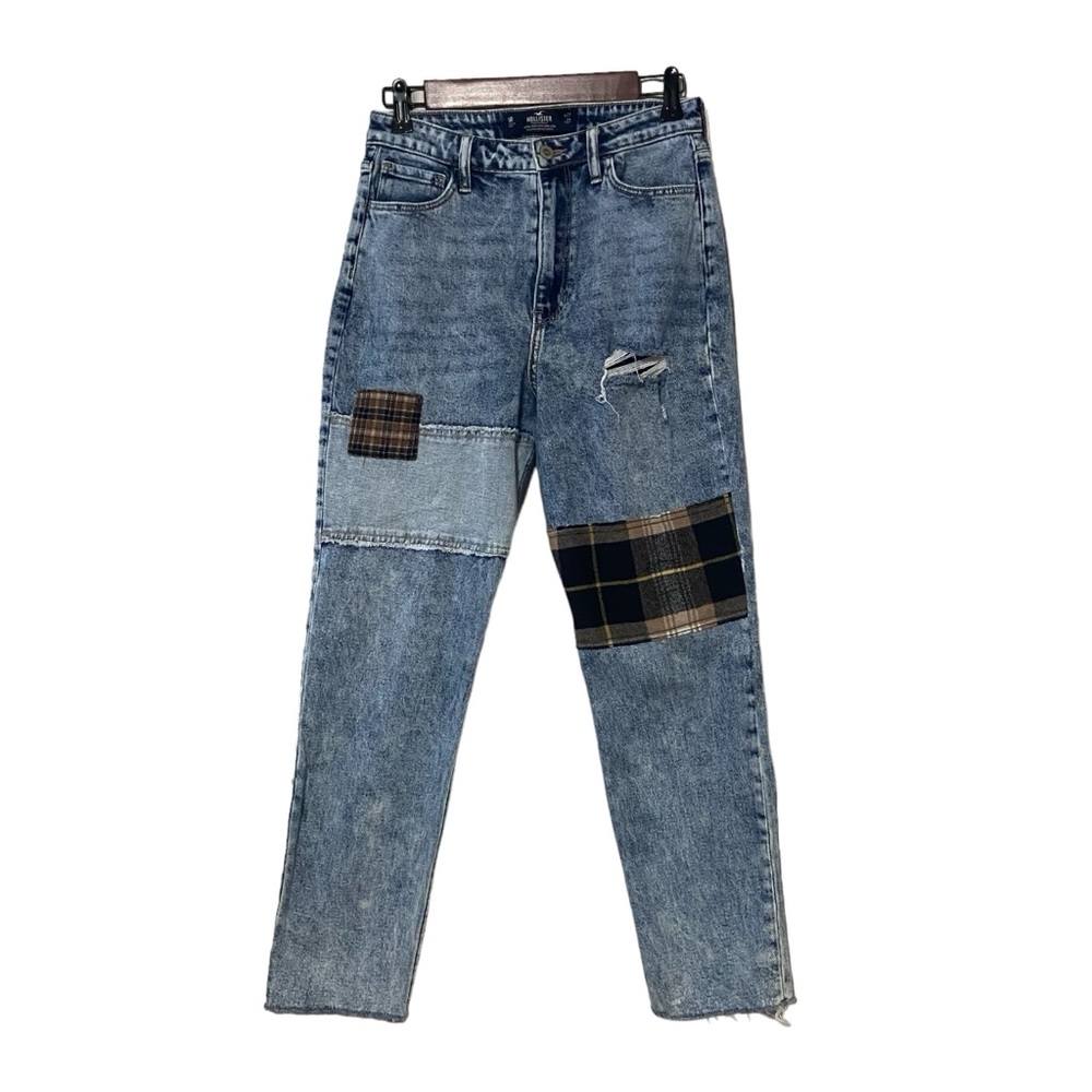 Hollister Patchwork Plaid Ultra High-Rise Ankle Womens Acid Washed Raw Hem Jeans